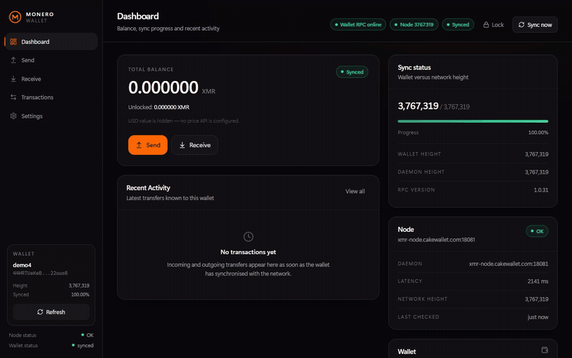 Animated tour of the Monero Web Wallet interface: dashboard, send form, subaddress, history and settings
