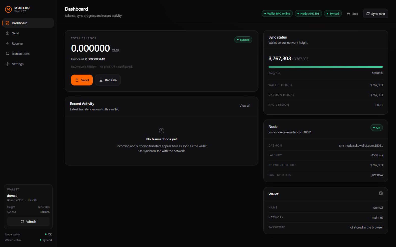 Monero Web Wallet dashboard: total and unlocked balance, sync progress, node status and recent activity