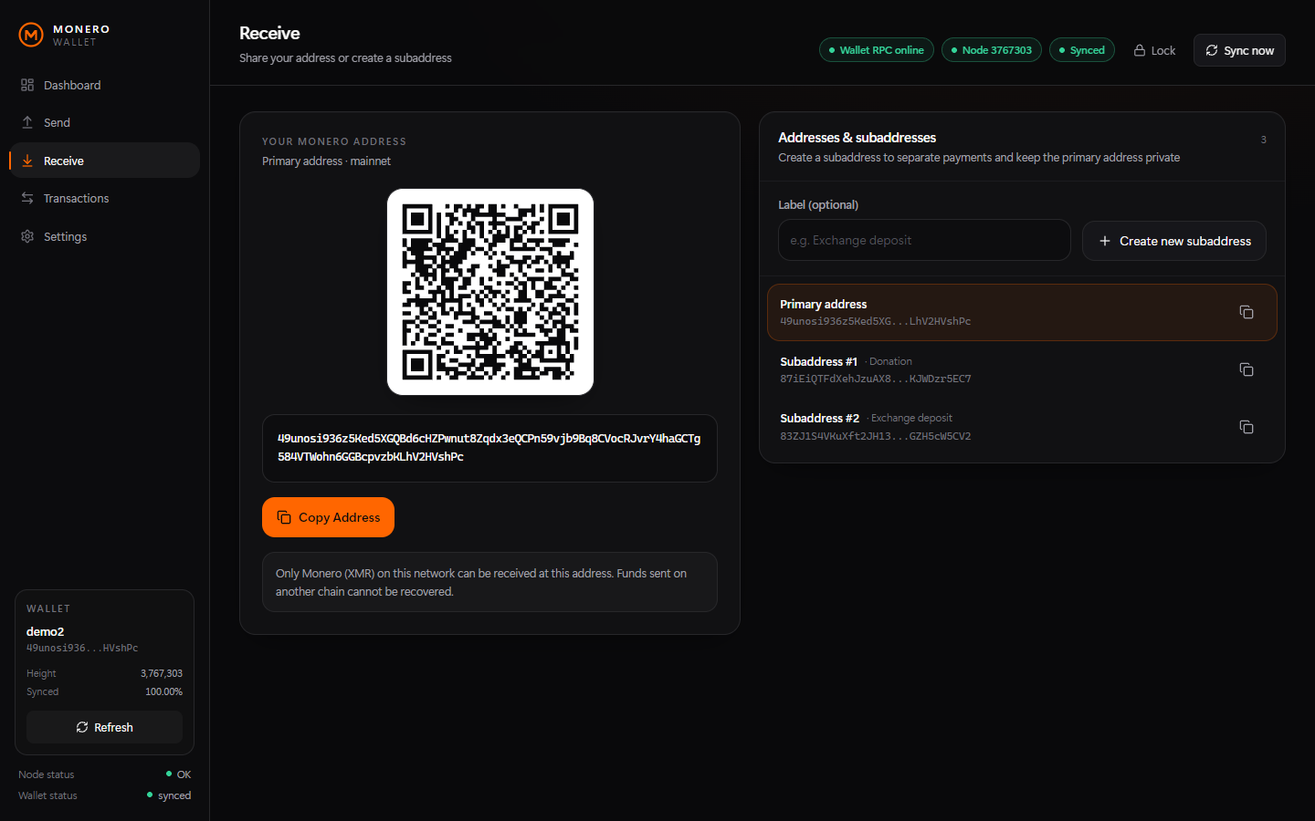 Receive page with QR code and labeled subaddresses