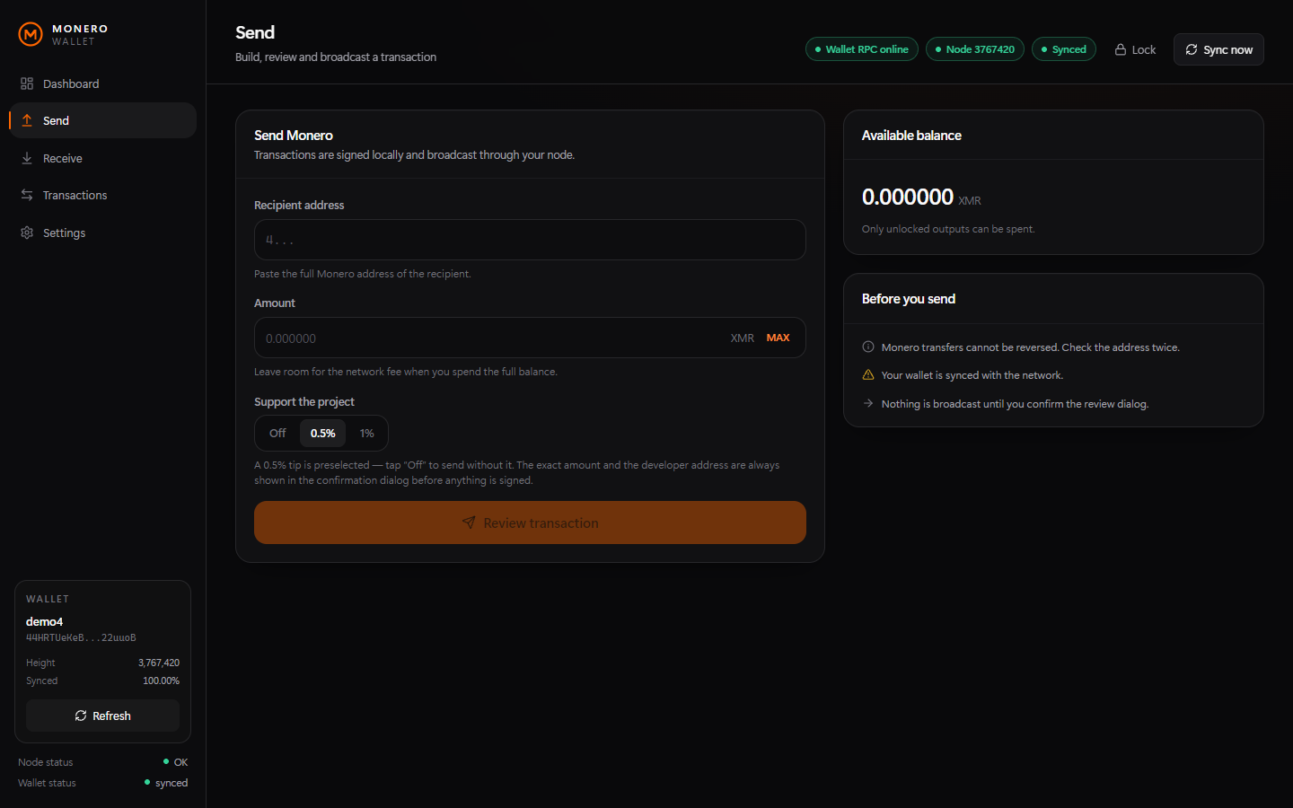 Send Monero form with address validation, amount and fee review