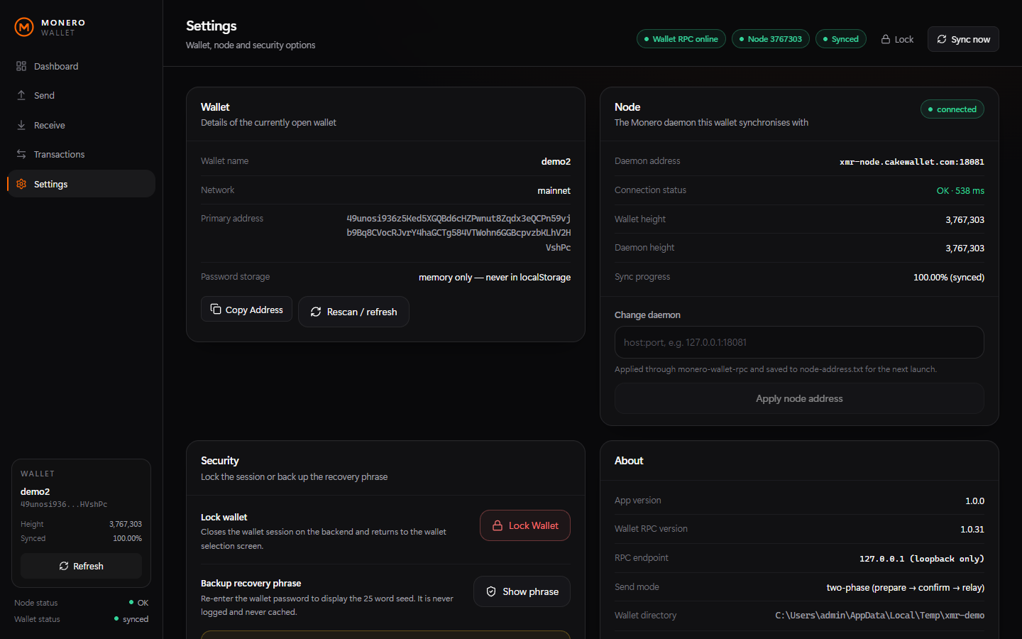 Settings: wallet, node address, lock wallet and recovery phrase backup