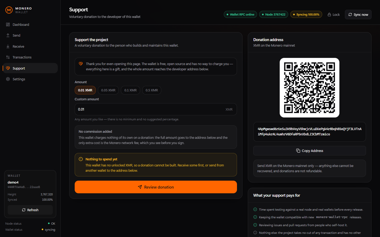Support page: donation amount presets, developer address and QR code