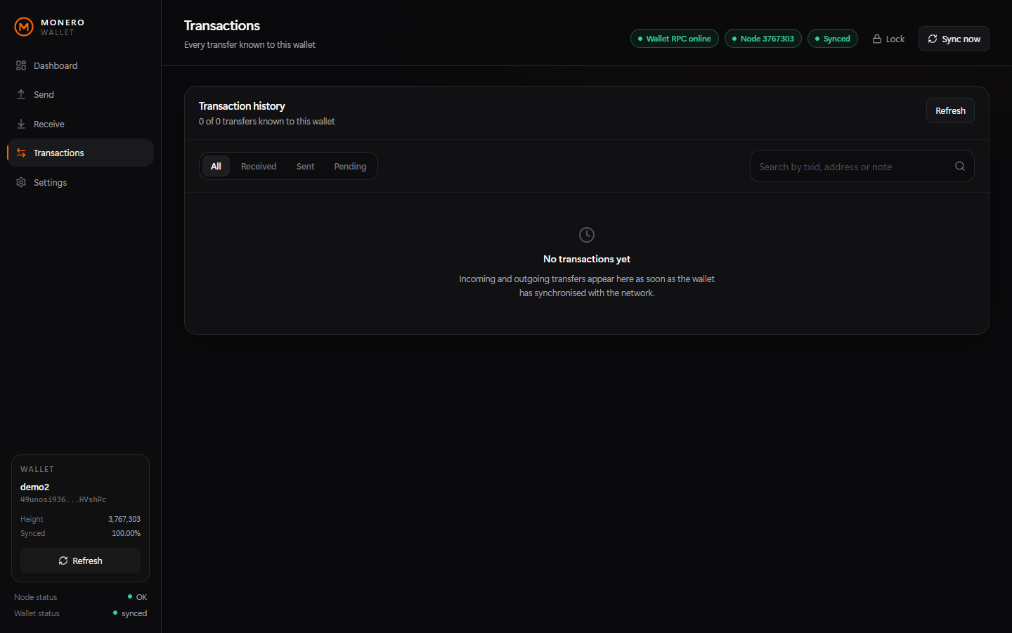 Transaction history with confirmations and transaction ids